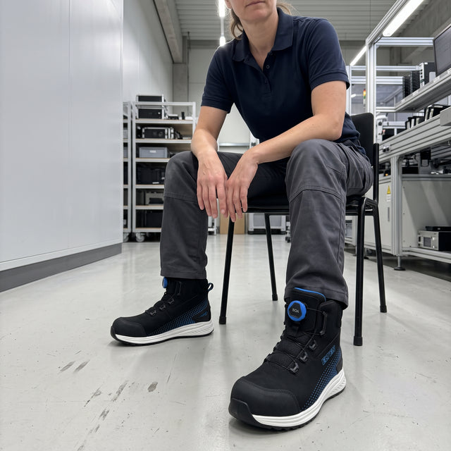 A person wearing the ELTEN Joran BOA Blue Work Boots and sitting on a chair taking a rest. Boots featured in the foreground.