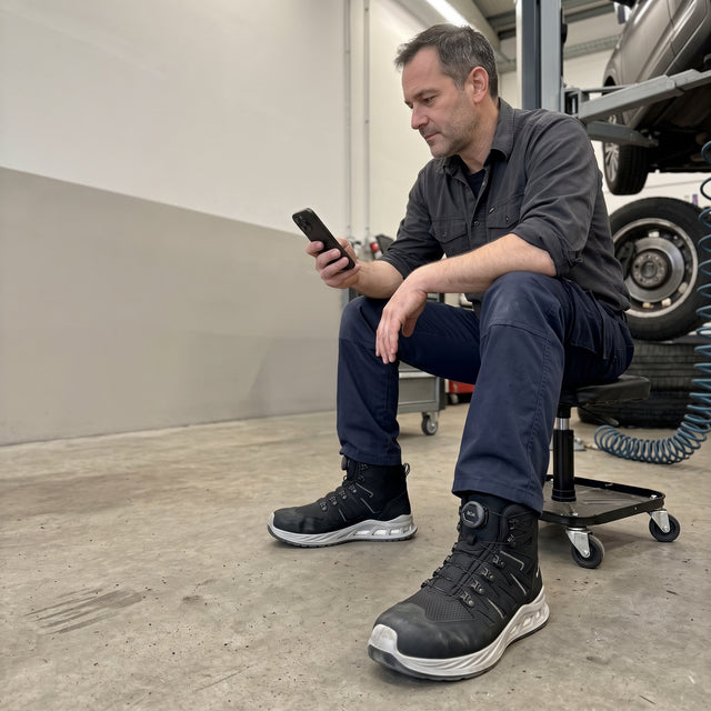 ELTEN Maddox BOA Work Boot – Recharged Comfort & Steel Toe. Person sitting in mechanic work shop taking a rest, featuring the boots resting on the concrete floor.