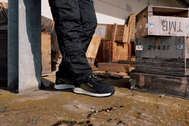 German made ultra light safety shoes with composite toe cap. Arch support insole with lightweight materials.