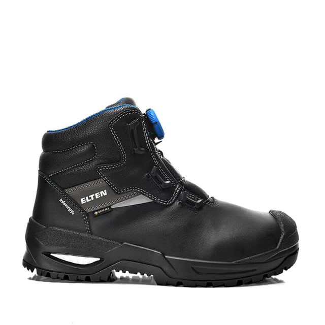 Outer side profile of the ELTEN Stefano BOA GTX work boot, highlighting the BOA dial closure system, TPU scuff cap, and rugged outsole design.