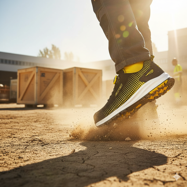 Person wearing a cool looking yellow safety shoe in a warehouse