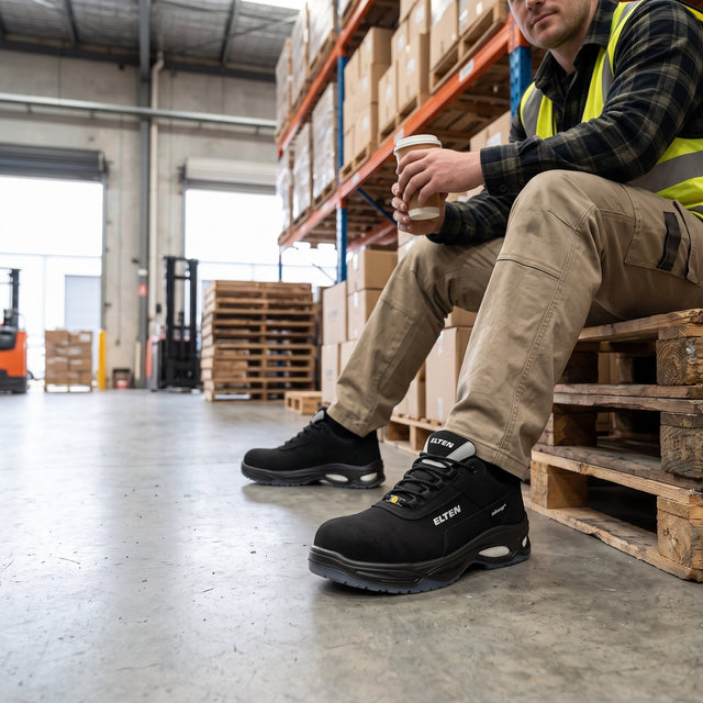 Worker wearing cushioned safety footwear while standing on a hard concrete worksite surface