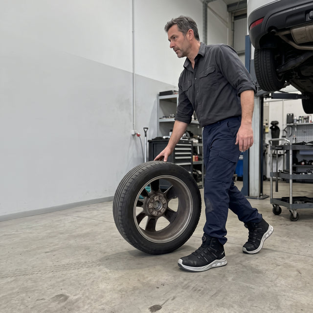 ELTEN Maddox BOA Work Boot – Recharged Comfort & Steel Toe. Mechanic workshop, person walking with a tire througb workshop wearing the boots.