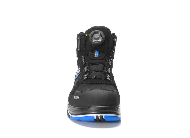 Direct front view of the ELTEN Ian XXTP Pro BOA Blue Mid ESD S3S work boot, showcasing the lightweight composite toe cap and padded tongue.