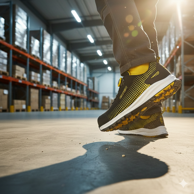 Person wearing a cool looking yellow safety shoe in a warehouse