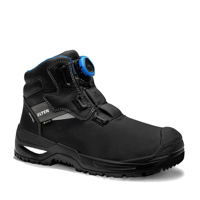 Front angled view of the ELTEN Stefano BOA GTX waterproof work boot in black hydrophobized cowhide leather.